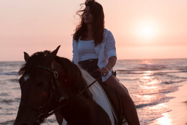 kobieta w letnich ubraniach lubi jeździć konno po pięknej piaszczystej plaży o zachodzie słońca. selektywne ustawianie ostrości - cowboy horseback riding nature blue zdjęcia i obrazy z banku zdjęć