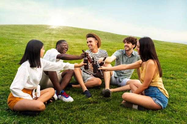 grupo de amigos multirraciais felizes se divertindo brindando com cervejas sentadas na grama em parque público. - music festival park friendship summer - fotografias e filmes do acervo