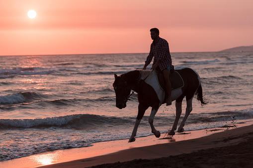 Mexican sunset near Cabo san Lucas with man and horses.
