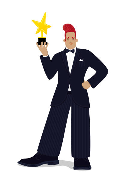 ilustrações de stock, clip art, desenhos animados e ícones de celebrity holds an award in his hand, statuette, golden star - oscar statuette