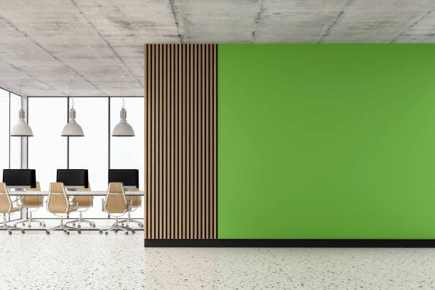 istock Empty office interior with copy space and work desks on terrazzo floor and paneled wall 1406892978