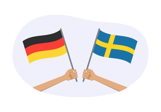 Germany and Sweden flags. German and Swedish national symbols. Hand holding waving flag. Vector illustration. Germany and Sweden flags. German and Swedish national symbols. Hand holding waving flag. Vector illustration. swedish flag stock illustrations