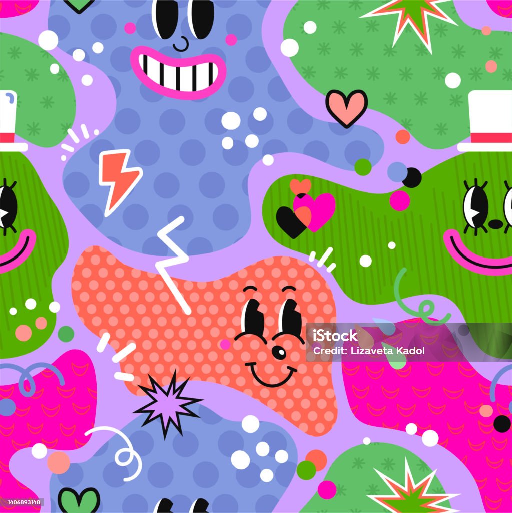 Seamless Pattern With Cartoon Abstract Funny Comic Characters Stock ...