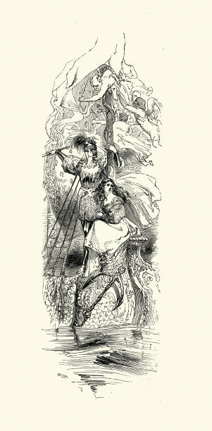 istock Knight and princess sailing on boat, attacked by demons, Scottish folkore 1406894596