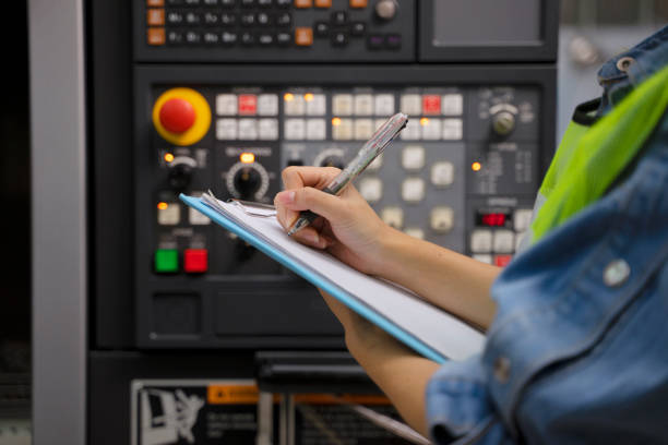 Modern industrial touch screen control console. Selective focus.