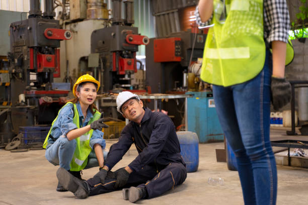 istock Blue collar worker works machine at factory. 1406896025