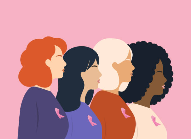 ilustraciones, imágenes clip art, dibujos animados e iconos de stock de vista lateral del grupo de mujeres multiétnicas con cintas rosas. concepto de concientización y apoyo sobre el cáncer de mama. - seno ilustraciones