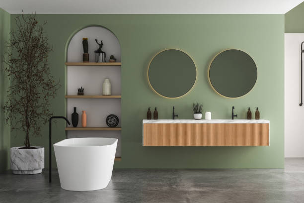 istock Modern bathroom interior with green and white walls 1406896874