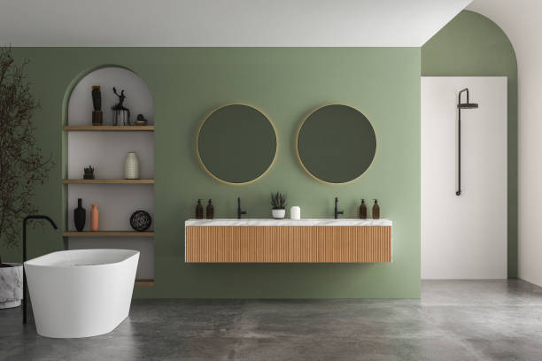 istock Modern bathroom interior with green and white walls 1406896898
