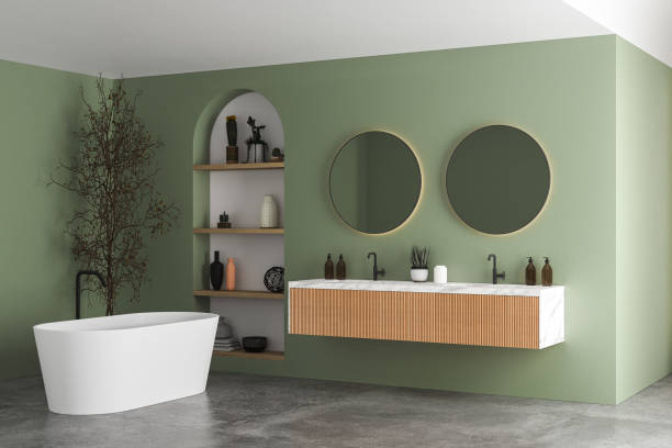 Modern bathroom interior with green and white walls Modern bathroom interior with green and white walls, shower area, basin with mirrors, shelf, bathtub and  grey concrete floor. 3D rendering domestic bathroom stock pictures, royalty-free photos & images