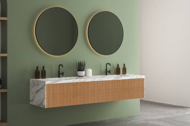 istock Modern bathroom interior with green and white walls 1406896907