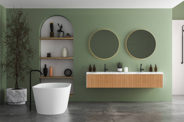 istock Modern bathroom interior with green and white walls 1406896925