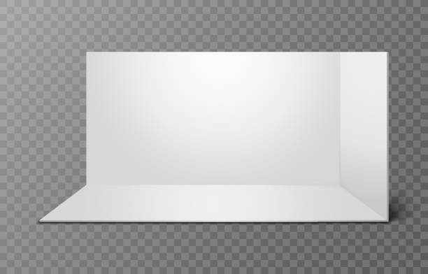 ilustrações de stock, clip art, desenhos animados e ícones de realistic exhibition booth with shadow on transparent background. trade showroom. empty geometric square grey corner - store indoors design advertisement