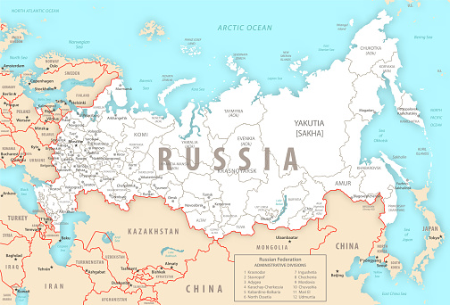 Russian Federation detailed map with regions and cities of the country.