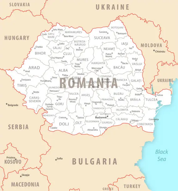 Vector illustration of Romania detailed map with regions and cities of the country.