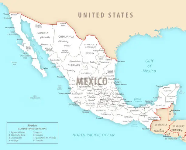 Vector illustration of Mexico detailed map with regions and cities of the country.