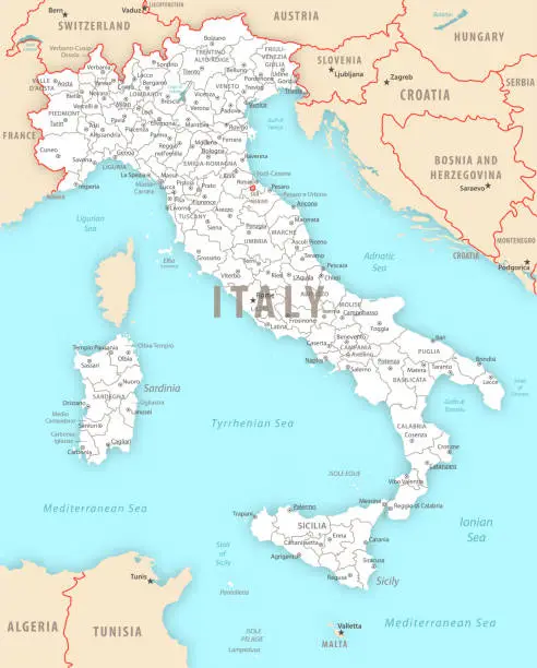Vector illustration of Italy detailed map with regions and cities of the country.