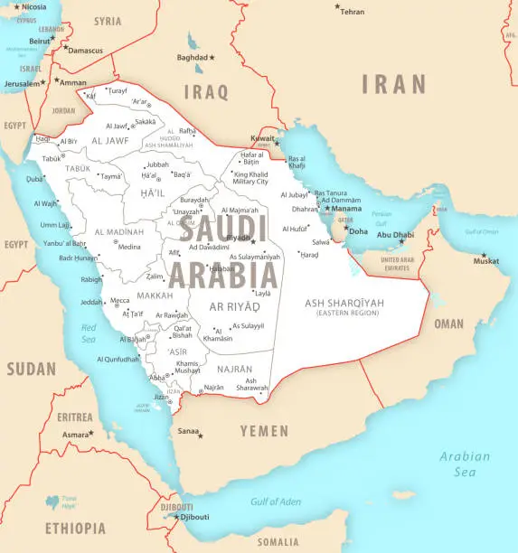 Vector illustration of Saudi Arabia detailed map with regions and cities of the country.