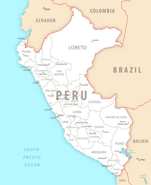 Peru detailed map with regions and cities of the country. Peru detailed map with regions and cities of the country. Vector illustration trujillo peru stock illustrations