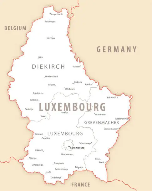 Vector illustration of Luxembourg detailed map with regions and cities of the country.