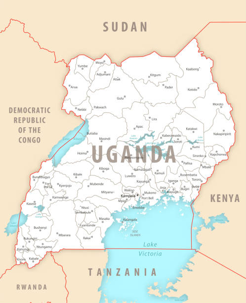 Uganda detailed map with regions and cities of the country. Uganda detailed map with regions and cities of the country. Vector illustration uganda stock illustrations