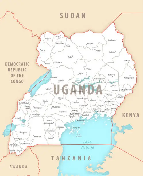 Vector illustration of Uganda detailed map with regions and cities of the country.