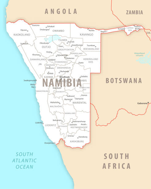 ilustrações, clipart, desenhos animados e ícones de namíbia detalhou mapa com regiões e cidades do país. - map namibia vector travel locations