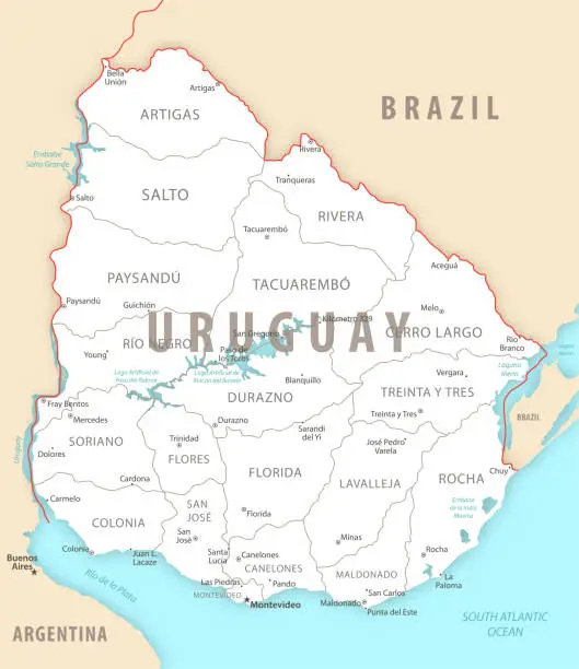 Vector illustration of Uruguay detailed map with regions and cities of the country.