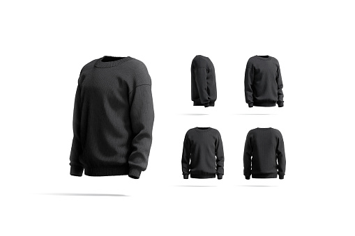 Blank black knitted sweater mockup, different views, 3d rendering. Empty fleece or woolen sweat-shirt mock up, isolated. Clear fabric blazer or loose overall cardigan template.