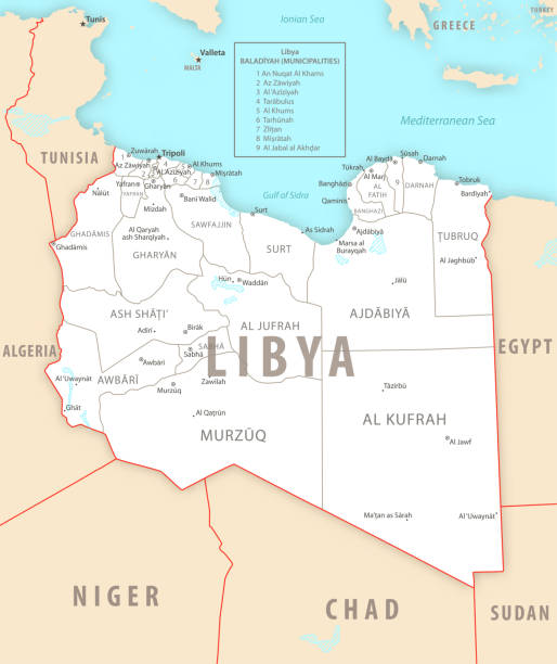 Libya detailed map with regions and cities of the country. Libya detailed map with regions and cities of the country. Vector illustration libya map stock illustrations
