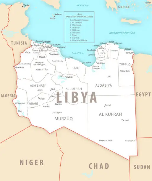 Vector illustration of Libya detailed map with regions and cities of the country.