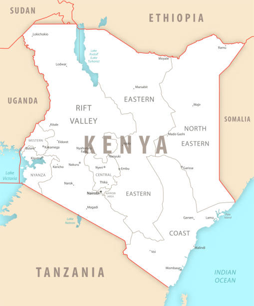 illustrazioni stock, clip art, cartoni animati e icone di tendenza di mappa dettagliata del kenya con regioni e città del paese. - kenia