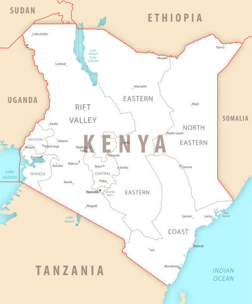 Kenya detailed map with regions and cities of the country. Kenya detailed map with regions and cities of the country. Vector illustration kenya stock illustrations