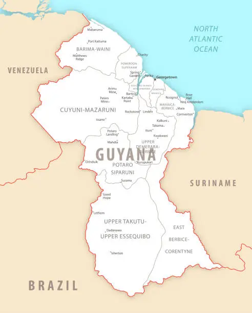 Vector illustration of Guyana detailed map with regions and cities of the country.