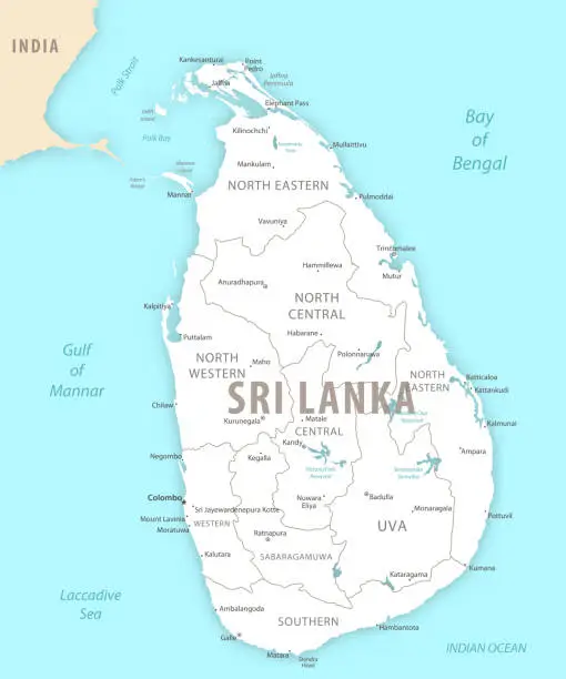 Vector illustration of Sri Lanka detailed map with regions and cities of the country.