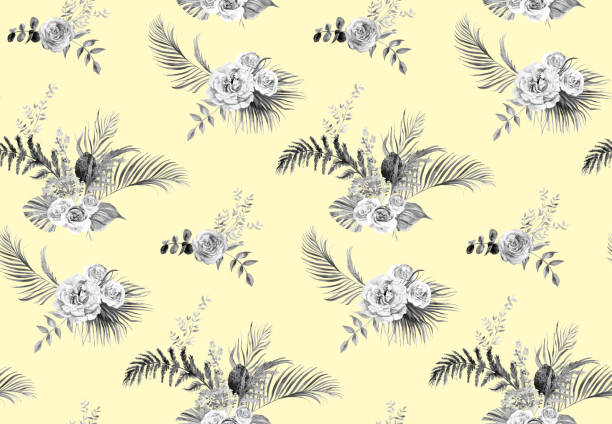 ilustraciones, imágenes clip art, dibujos animados e iconos de stock de acuarela sin costuras monocromática con hojas de palma secas y rosas sobre un fondo amarillo claro - rose pattern yellow dried plant