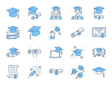 Graduation doodle illustration including icons - student in cap, diploma certificate scroll, university degree. Thin line art about high school education. Blue Color, Editable Stroke.