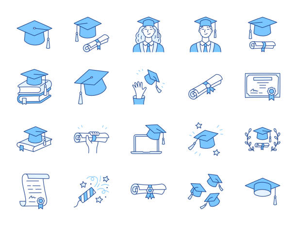 Graduation doodle illustration including icons - student in cap, diploma certificate scroll, university degree. Thin line art about high school education. Blue Color, Editable Stroke Graduation doodle illustration including icons - student in cap, diploma certificate scroll, university degree. Thin line art about high school education. Blue Color, Editable Stroke. bachelor's degree stock illustrations