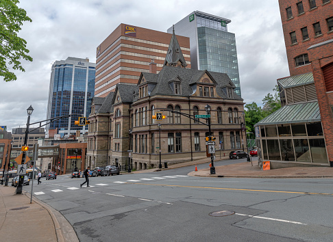 Halifax, Nova Scotia, Canada – June 25, 2022:  Downtown streetscape featuring the historic city hall
