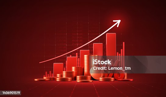 istock Financial crisis business market graph on economic background with growth money price arrow inflation 3d gold coin percent or crash global finance chart and economy stock currency risk trade diagram. 1406901519