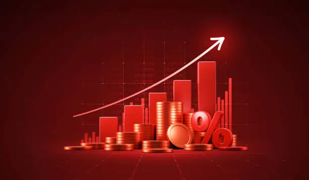 Photo of Financial crisis business market graph on economic background with growth money price arrow inflation 3d gold coin percent or crash global finance chart and economy stock currency risk trade diagram.