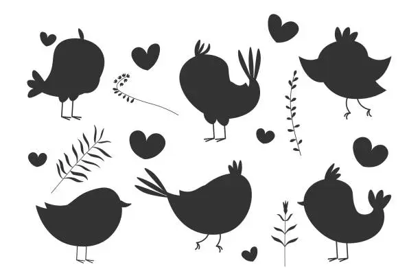 Vector illustration of Cute Cartoon Style Bird and plants Silhouettes in Vector Format EPS