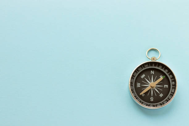 istock Vintage compass on light blue background. Journey and adventure concept. Flat lay, top view. 1406901943