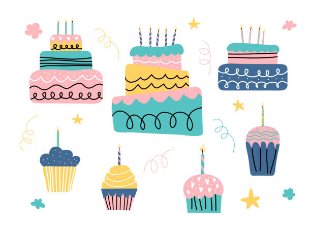 ilustrações de stock, clip art, desenhos animados e ícones de happy holiday cream cake with candles vector set. holiday cooking icons in a flat style for decorating, anniversaries, weddings, birthdays, children s parties. sweet pastries, muffin, cupcake eps - birthday cupcake pastry baking