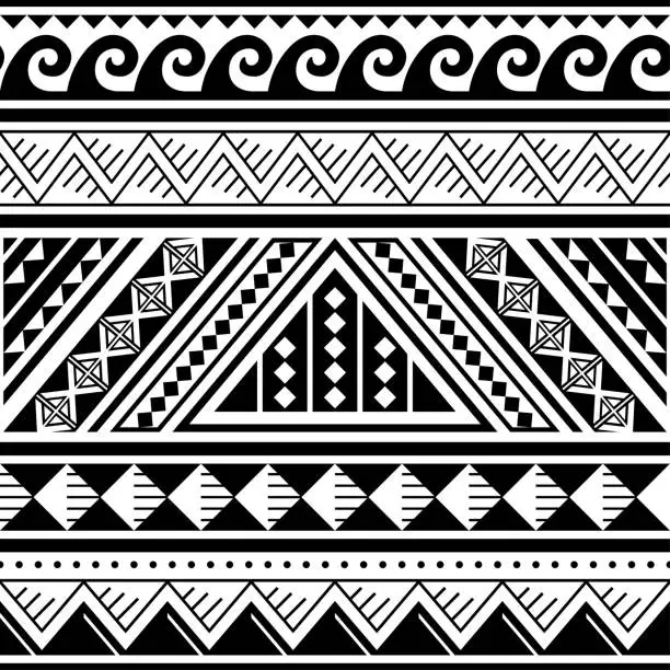 Vector illustration of Polynesian tribal seamless vector pattern with geometric shapes, cool black and white Hawaiian style textile or fabric print