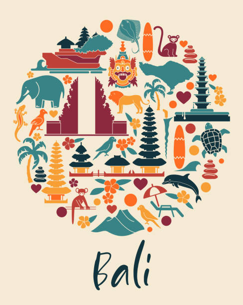 ilustraciones, imágenes clip art, dibujos animados e iconos de stock de símbolos tradicionales de la arquitectura, la cultura y la naturaleza de las islas de bali, indonesia de forma redonda - ceremonial dancing illustrations