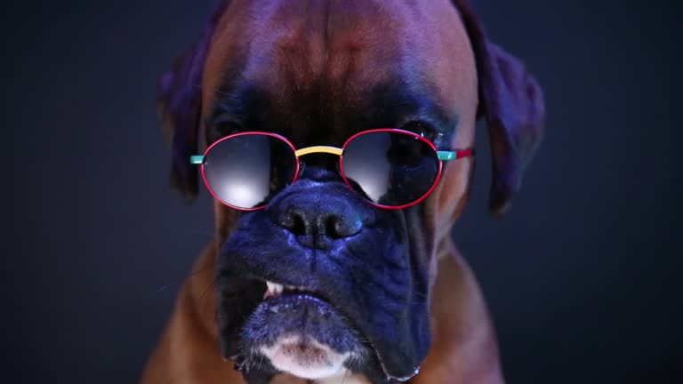 Close up portrait of boxer dog wearing sunglasses.