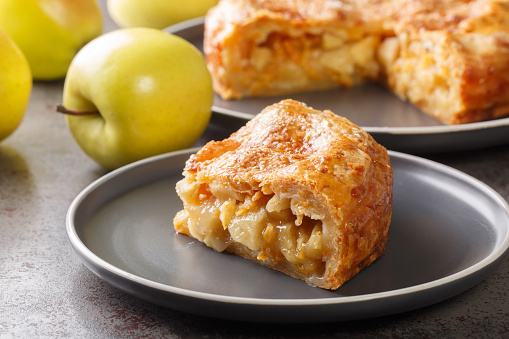 Delicious apple cheddar pie with crispy crust close-up on a plate on the table. horizontal