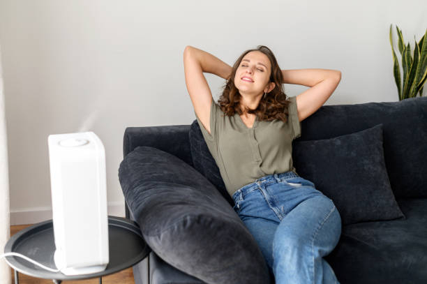 istock Attractive curly young woman using air humidifier at home 1406904693