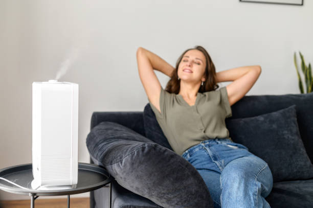 istock Attractive curly young woman using air humidifier at home 1406904697